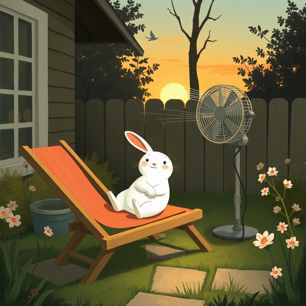 As dusk approaches, a cozy backyard scene unfolds with a small white rabbit lounging comfortably on a deckchair, enjoying a gentle breeze from a fan