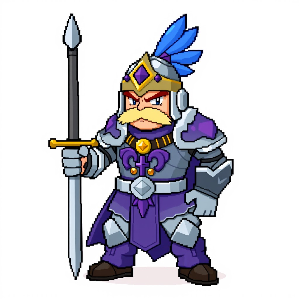 A full body trainer sprite for Pokémon Essentials in 5th generation graphics featuring a grumpy man standing confidently while holding a bastard sword
