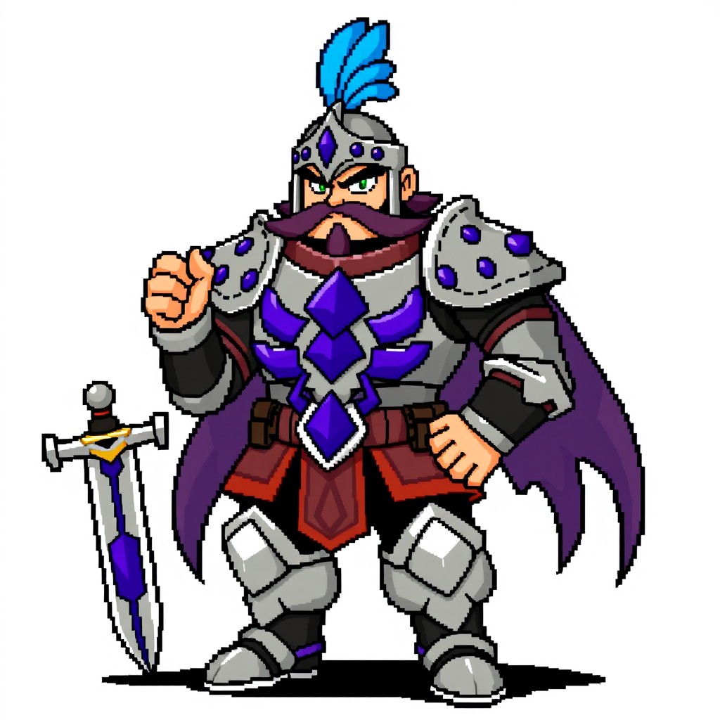 A full body trainer sprite for Pokémon Essentials in 5th generation graphics featuring a grumpy man standing confidently, holding a bastard sword