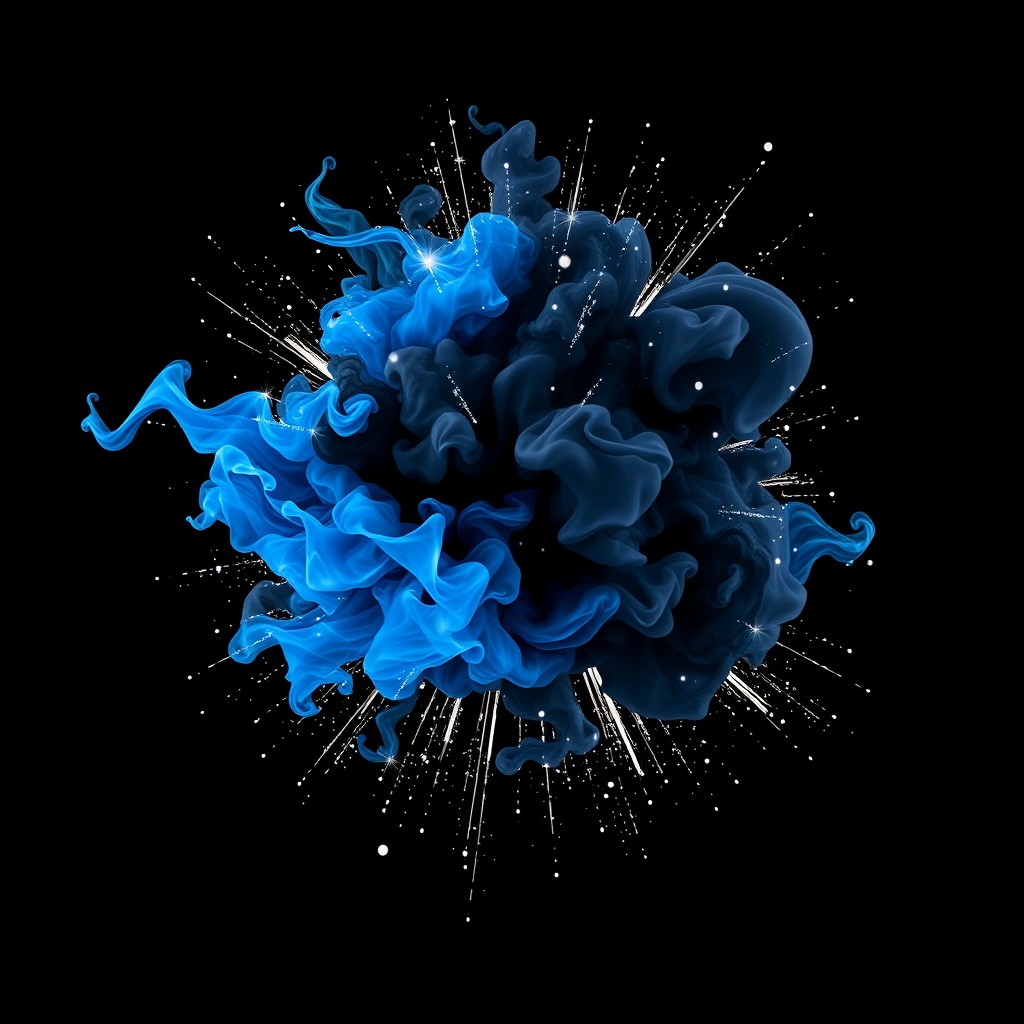 A striking graphic design featuring an explosion in shades of black, blue, and white