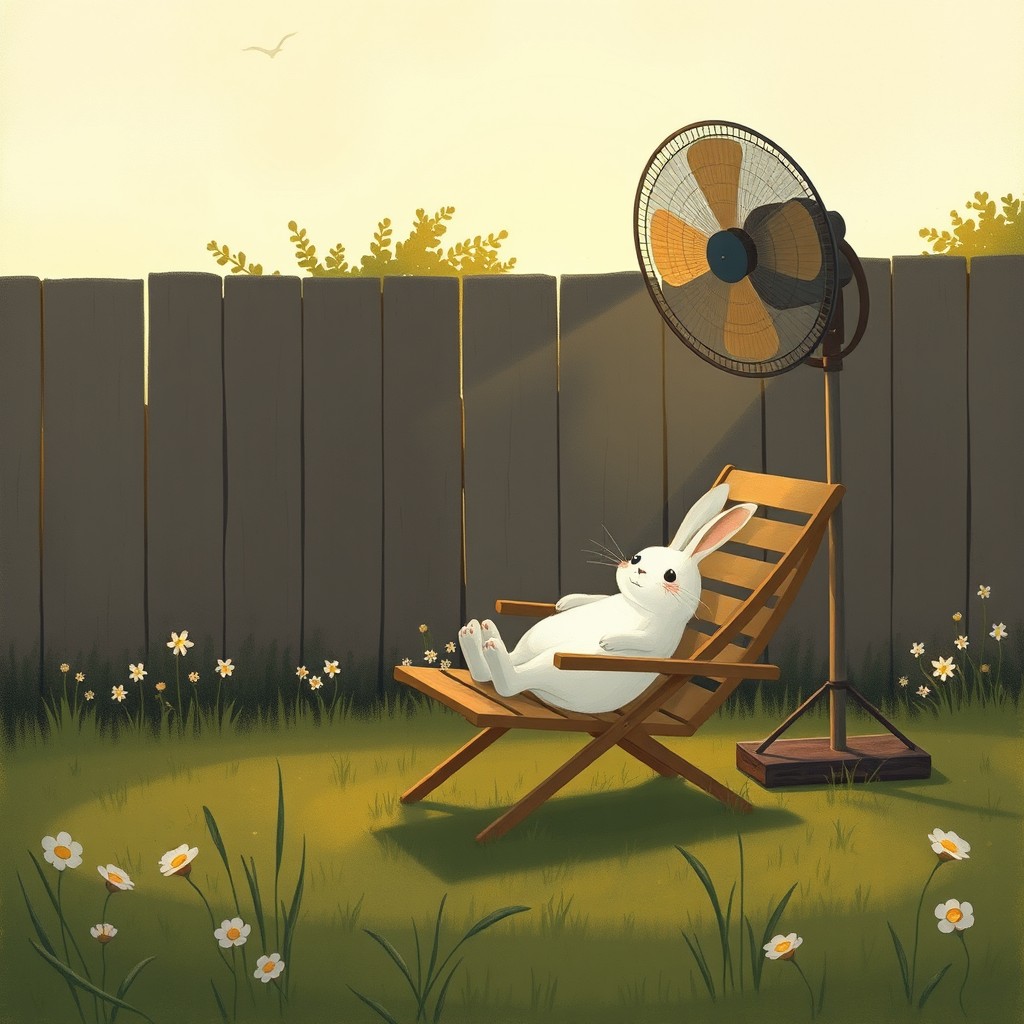 As dusk approaches, a serene backyard scene is depicted with a small white rabbit lounging comfortably on a deckchair, enjoying a gentle breeze from a fan