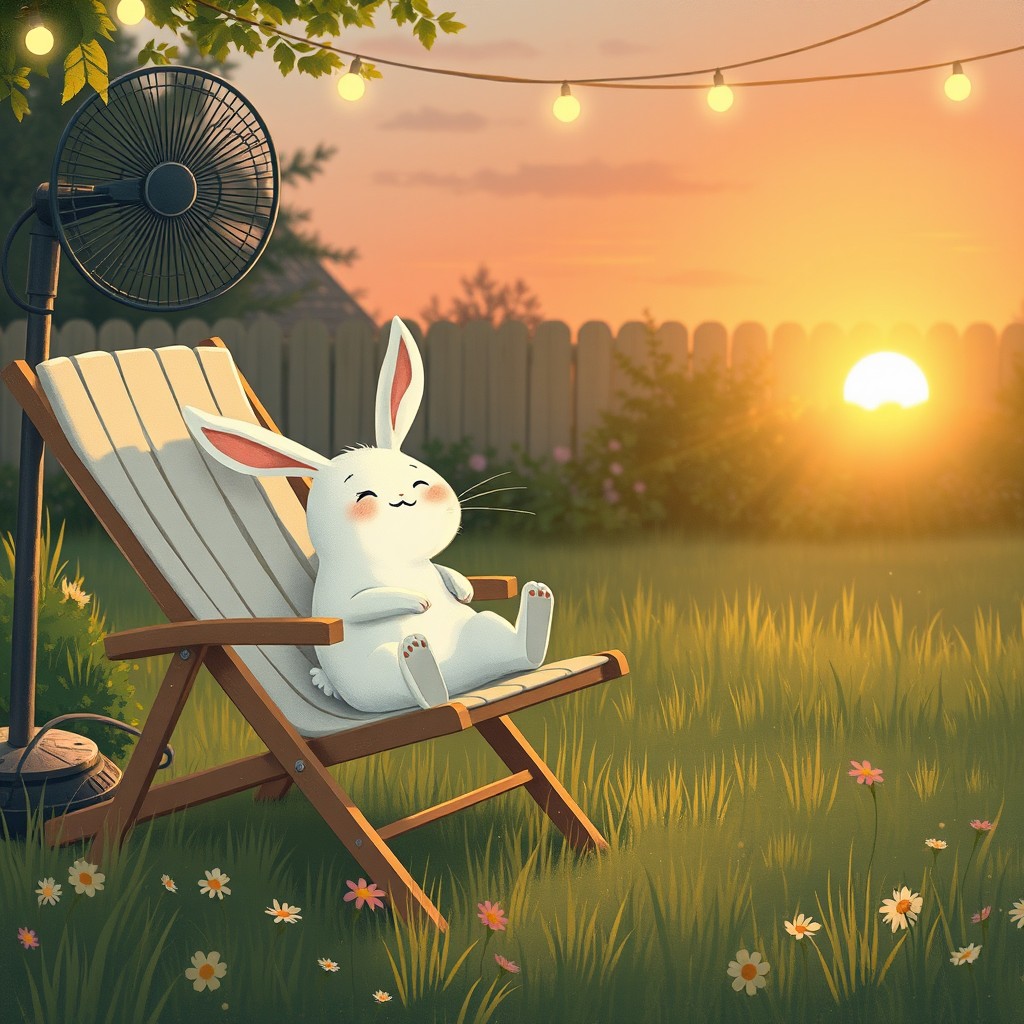 As dusk approaches, a delightful backyard scene features a joyful small white rabbit lounging happily on a deckchair, basking in the gentle breeze from a fan