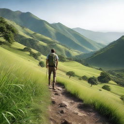 Enhance the previous image to be more photorealistic with meticulous detail, making the man, the greenery, hills, and clear sky incredibly lifelike.