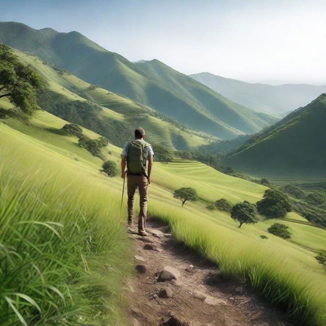 Enhance the previous image to be more photorealistic with meticulous detail, making the man, the greenery, hills, and clear sky incredibly lifelike.