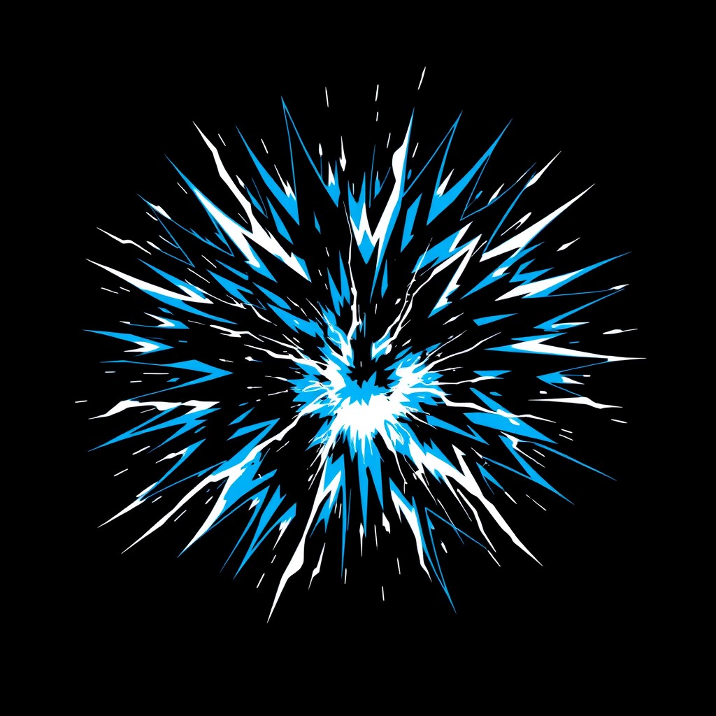 A bold graphic design of an electric explosion featuring a striking color palette of black, blue, and white
