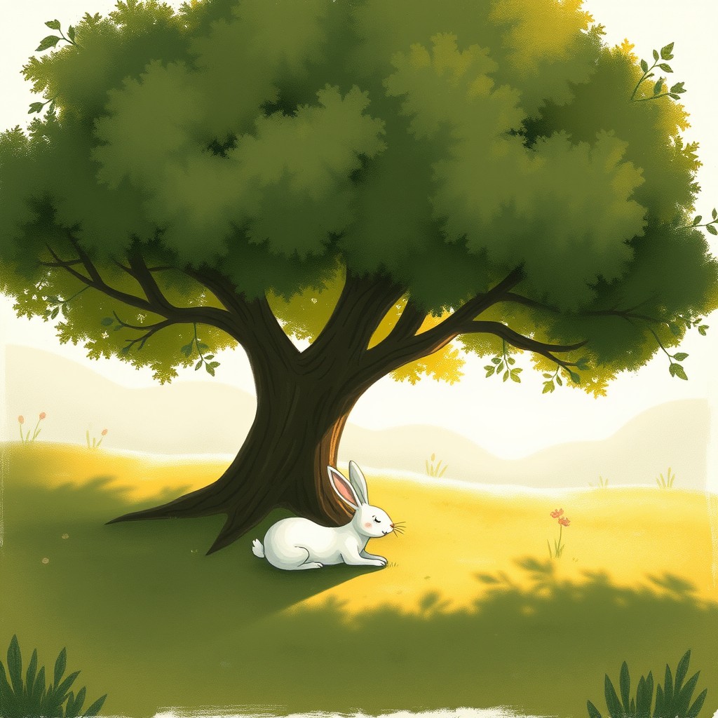 A whimsical scene of a morning just after sunrise, featuring a large tree casting soft shadows on the ground