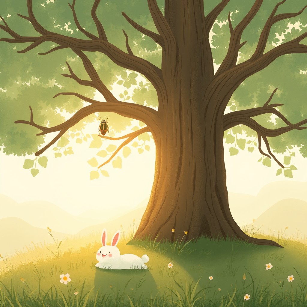 A charming morning scene just as the sun rises, with a large tree in the center
