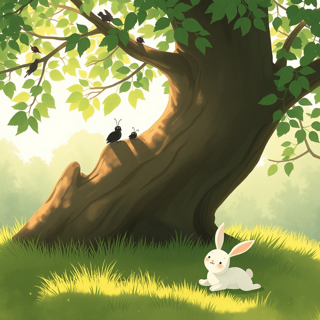 In the charming style of Jon Klassen, it's a bright morning where a few cicadas rest on a sturdy tree trunk