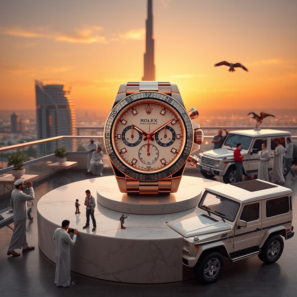 A hyperrealistic scene featuring a luxurious Rolex watch placed on a sleek marble pedestal in the center of a lavish Dubai rooftop terrace at sunset