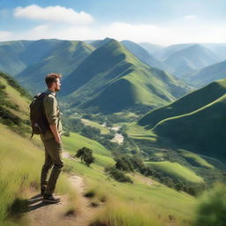 Enhance the previous image to be more photorealistic with meticulous detail, making the man, the greenery, hills, and clear sky incredibly lifelike.