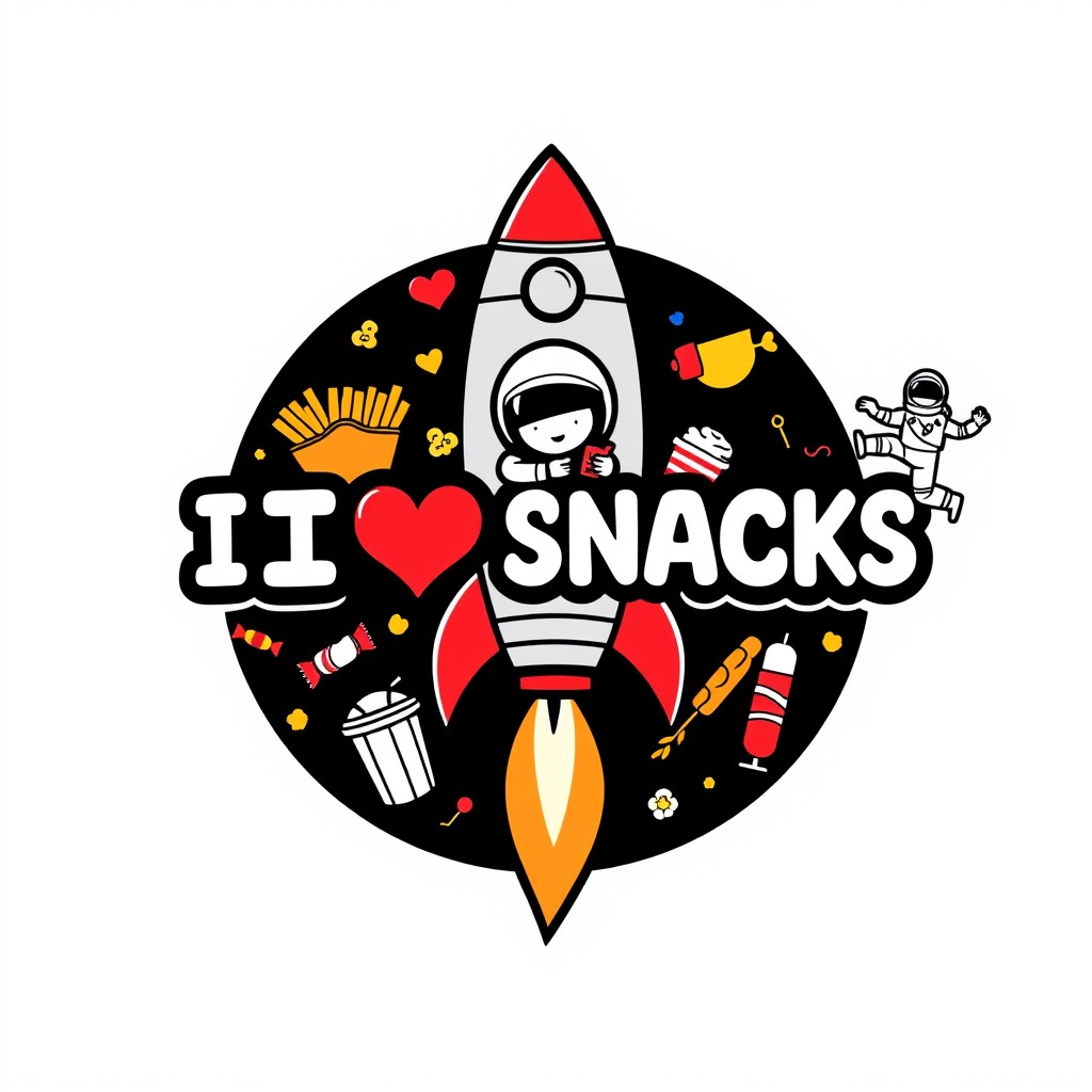 A colorful logo featuring the text "I ❤ SNACKS" prominently displayed