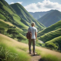 Enhance the previous image to be more photorealistic with meticulous detail, making the man, the greenery, hills, and clear sky incredibly lifelike.