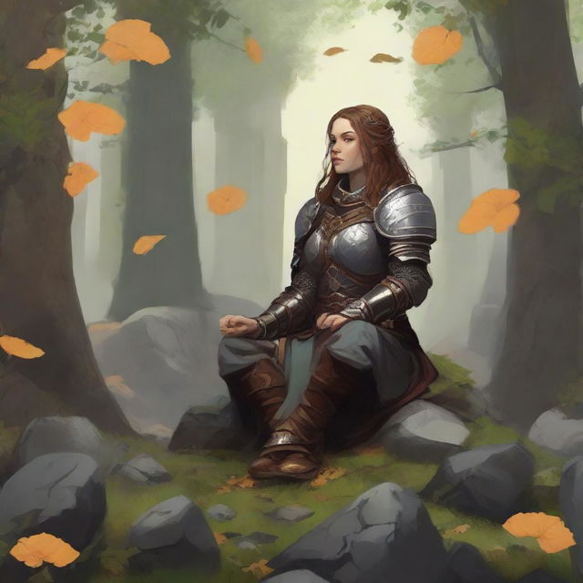 leaves and rocks float all around a female dwarven kineticist that meditates amid nature while wearing her heavy armor