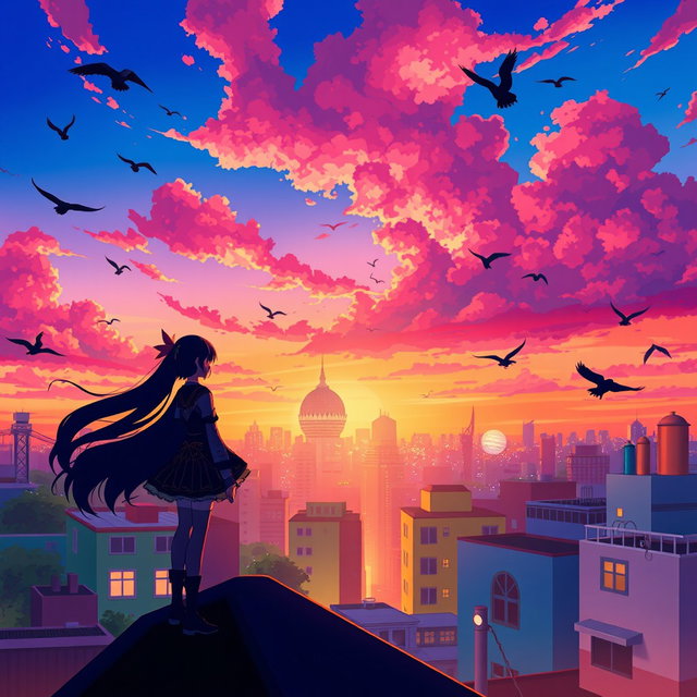 A vibrant anime-style wallpaper featuring a dynamic cityscape at sunset, with colorful buildings and a silhouette of a character standing on a rooftop, gazing at the sky filled with vivid pink and orange clouds