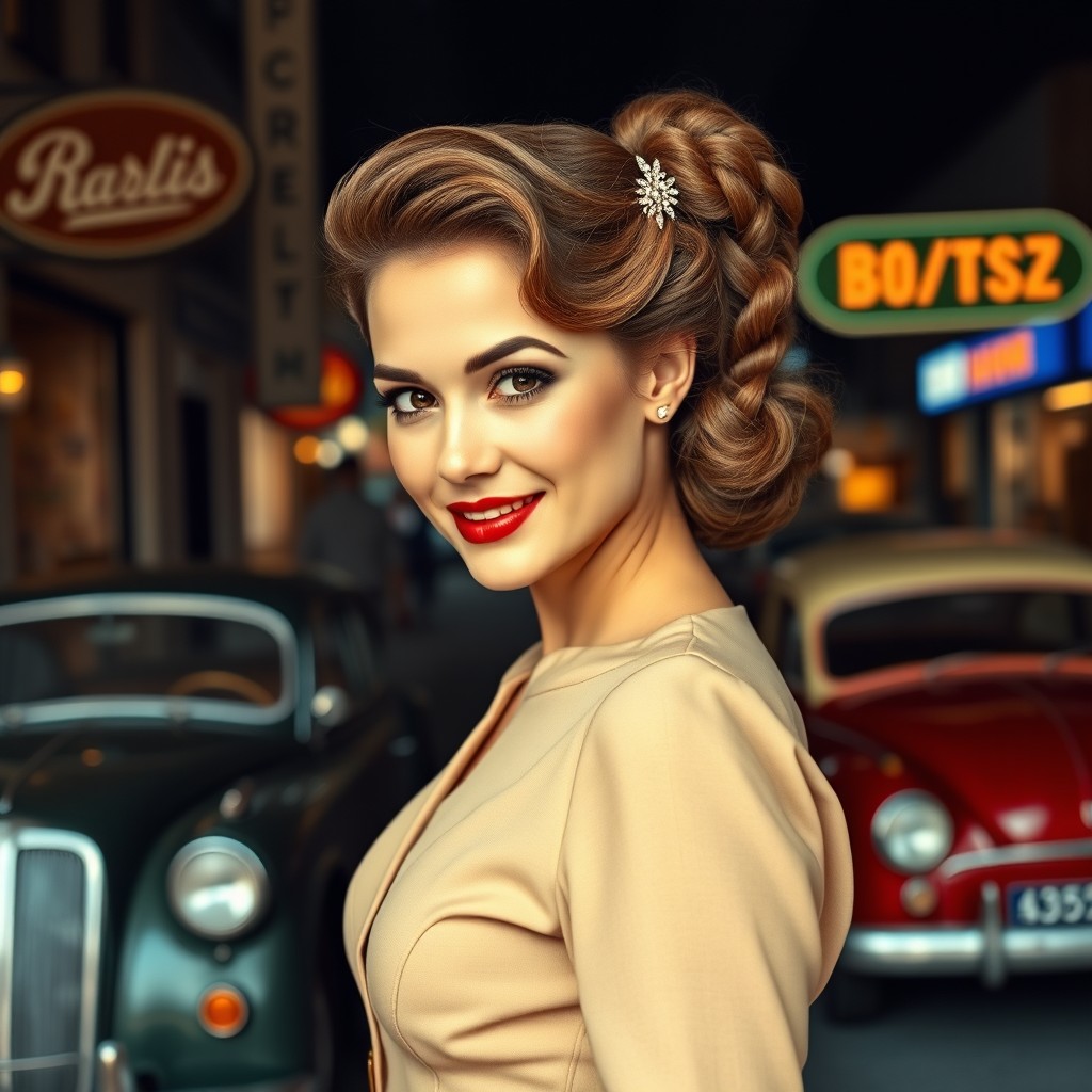 A stunning young woman from the 1940s, dressed in a classic vintage outfit with elegant curves and an alluring smile