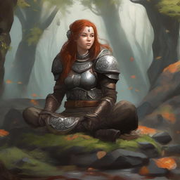 leaves and rocks float all around a female dwarven kineticist that meditates amid nature while wearing her heavy armor