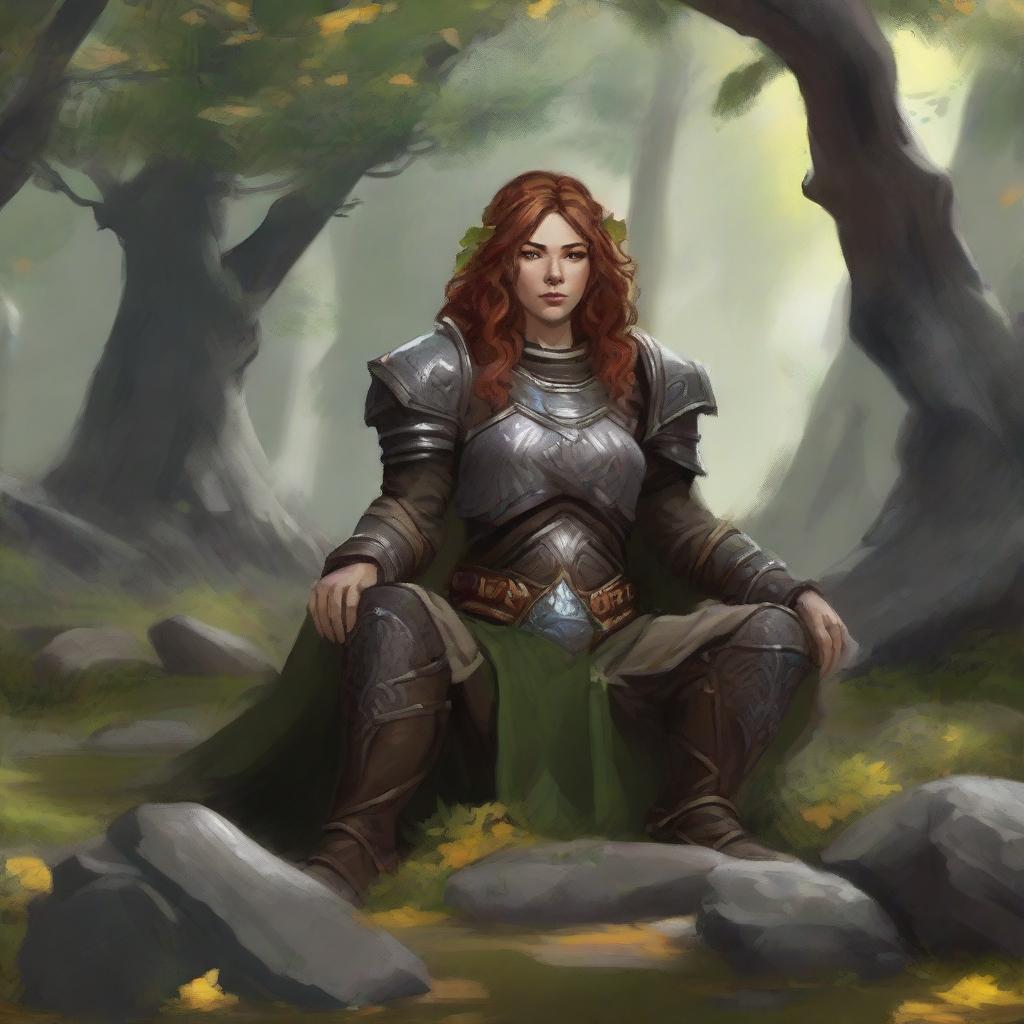 leaves and rocks float all around a female dwarven kineticist that meditates amid nature while wearing her heavy armor