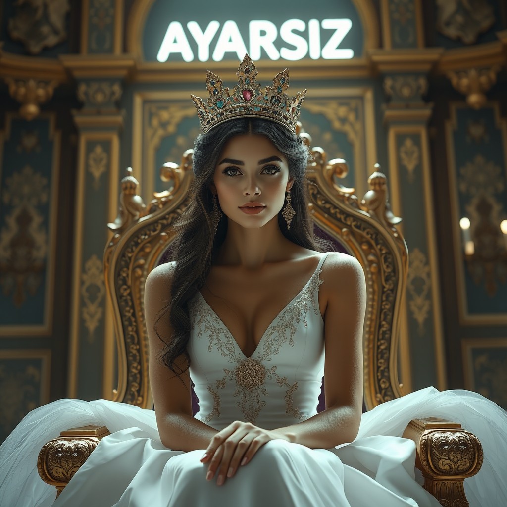 A stunning young woman with a beautiful crown, dressed in a flowing white gown, sitting elegantly on a queen's throne in a magnificent room