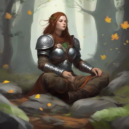 leaves and rocks float all around a female dwarven kineticist that meditates amid nature while wearing her heavy armor