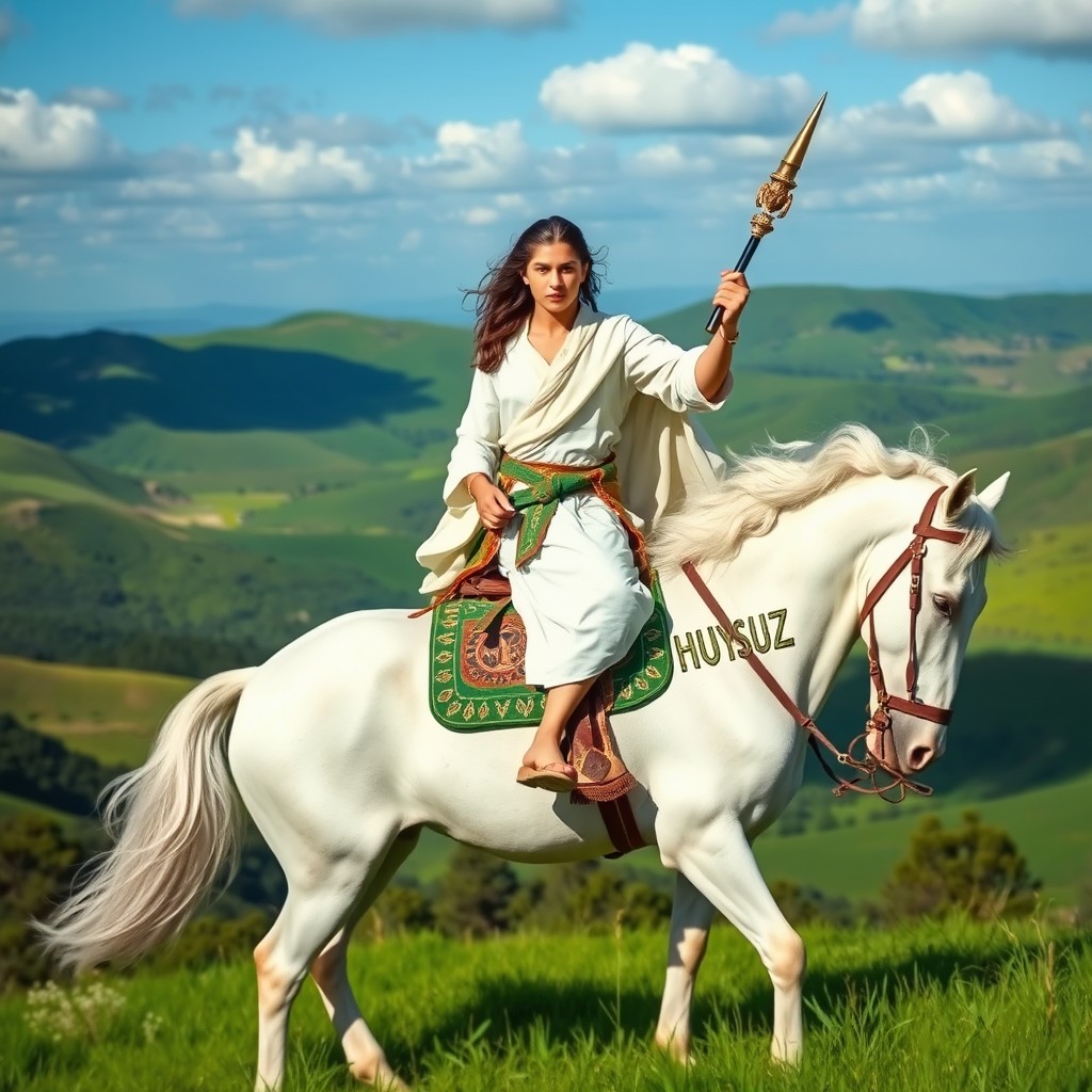 A magnificent green landscape featuring a young man dressed in white attire, holding a staff in one hand, confidently sitting atop a majestic white horse