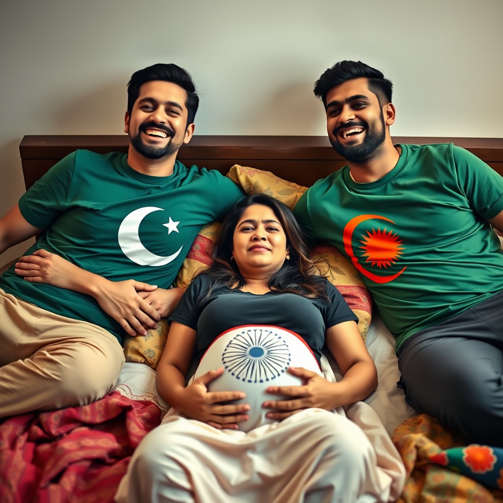A scene featuring a laughing man wearing a Pakistani flag T-shirt and another laughing man wearing a Bangladeshi flag T-shirt, both expressing joy, while in the center lies a crying pregnant woman wearing an Indian flag T-shirt on a cozy bed