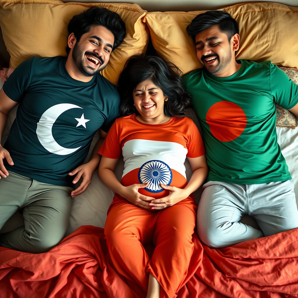 A heartfelt scene featuring a laughing man in a Pakistani flag T-shirt and another laughing man in a Bangladeshi flag T-shirt, both radiating joy, while in the center lies a crying pregnant woman dressed in an Indian flag T-shirt on a comfortable bed
