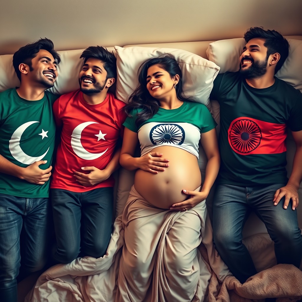 A scene featuring a laughing man wearing a vibrant Pakistani flag T-shirt, holding his stomach in laughter, next to another laughing man in a colorful Bangladeshi flag T-shirt, whose joyful demeanor contrasts with the somber tone of a crying pregnant woman lying in the middle on a cozy bed