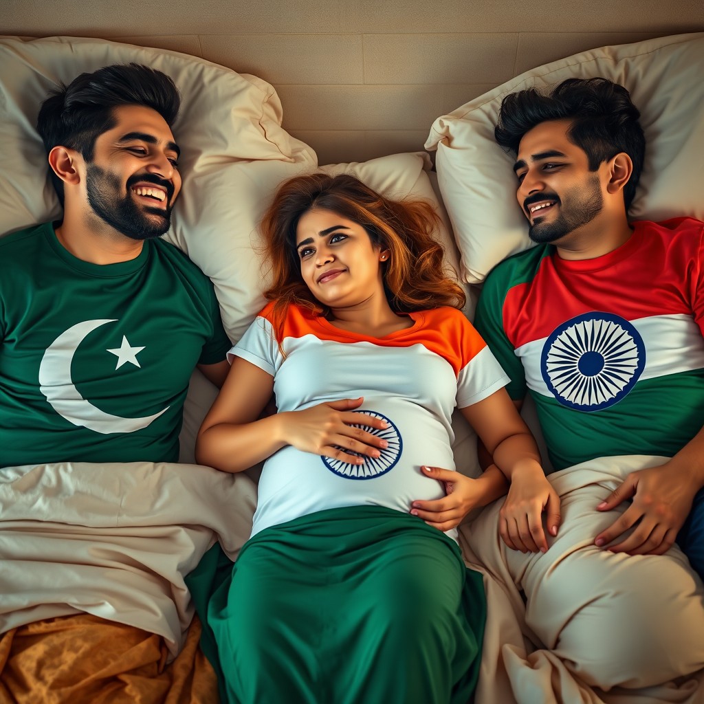 A heartwarming yet poignant scene featuring a laughing man clad in a vibrant Pakistani flag T-shirt, joyfully smiling beside another man wearing a colorful Bangladeshi flag T-shirt, both exuding happiness