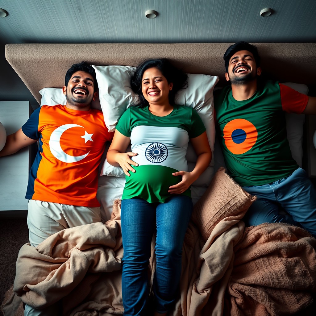 A scene featuring a joyful, laughing man dressed in a vibrant Pakistani flag T-shirt, next to another laughing man adorned in a colorful Bangladeshi flag T-shirt
