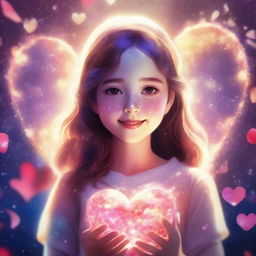 A girl emerging from a radiant heart representing love. Probably in her teens, she is glowing with an iridescent light, surrounded by rose petals and light sparkles.