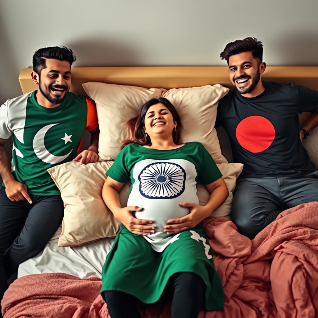 A scene depicting a laughing man in a vibrant Pakistani flag T-shirt, alongside another laughing man proudly wearing a Bangladeshi flag T-shirt