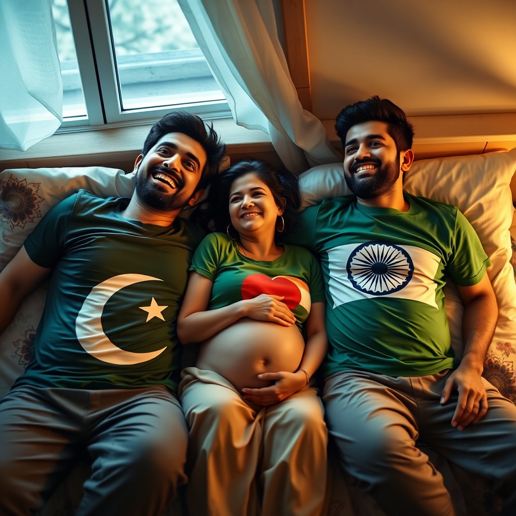 A scene depicting a laughing man wearing a Pakistani flag T-shirt, a laughing man wearing a Bangladeshi flag T-shirt, and a crying pregnant woman wearing an Indian flag T-shirt lying on a bed together