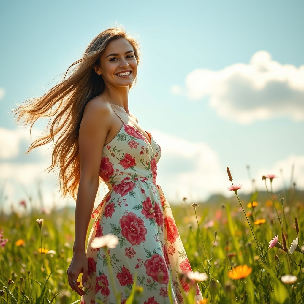A stunning woman with long flowing hair, wearing a stylish summer dress adorned with floral patterns, standing gracefully in a sunlit meadow