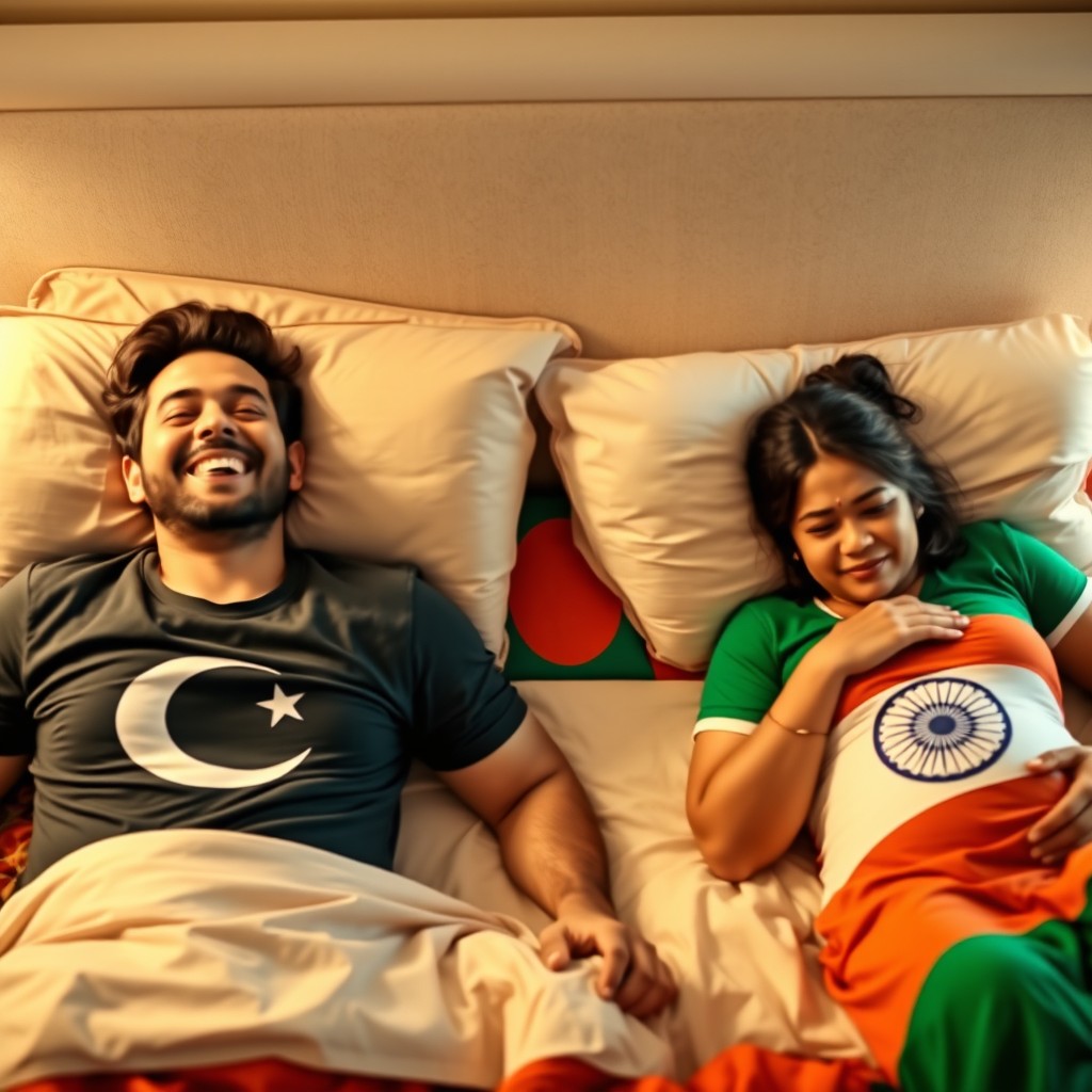 A scene featuring a laughing man wearing a Pakistani flag T-shirt, a laughing man wearing a Bangladeshi flag T-shirt, and a crying pregnant woman wearing an Indian flag T-shirt, all lying on a bed