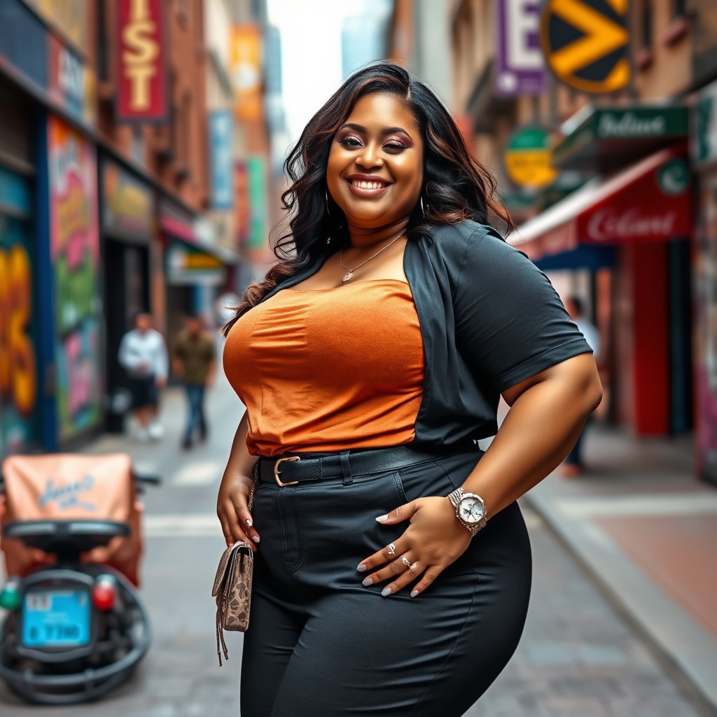 A curvy woman with an ample figure, confidently standing in a vibrant urban setting