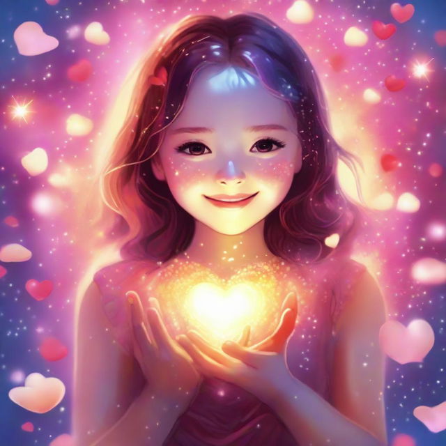 A girl emerging from a radiant heart representing love. Probably in her teens, she is glowing with an iridescent light, surrounded by rose petals and light sparkles.