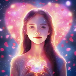 A girl emerging from a radiant heart representing love. Probably in her teens, she is glowing with an iridescent light, surrounded by rose petals and light sparkles.