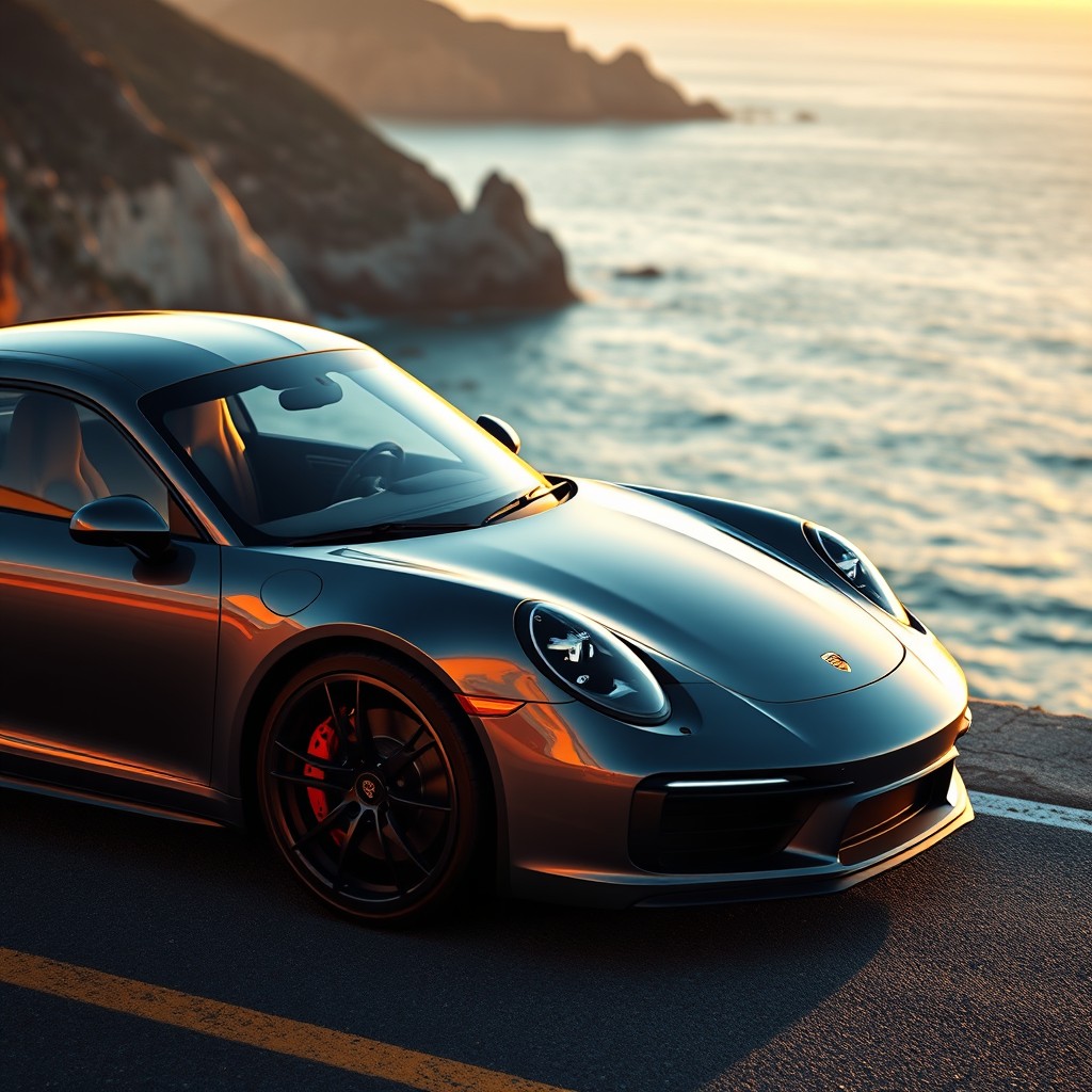 A stunning new Porsche 911 5th generation sports car parked elegantly on a scenic coastal road during sunset