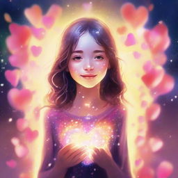 A girl emerging from a radiant heart representing love. Probably in her teens, she is glowing with an iridescent light, surrounded by rose petals and light sparkles.