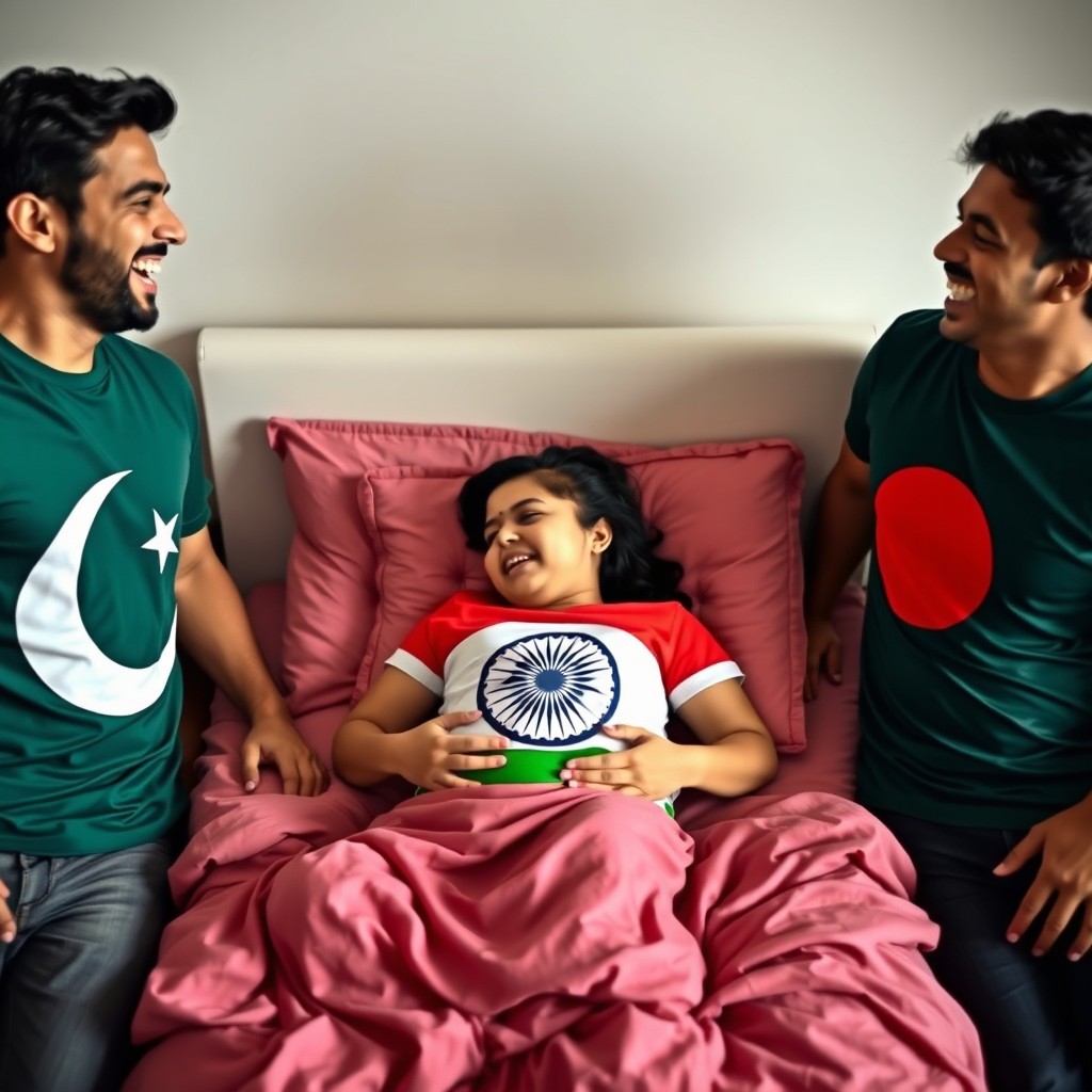 A scene depicting a laughing man wearing a Pakistani flag T-shirt and a laughing man wearing a Bangladeshi flag T-shirt, joyfully engaging in a lighthearted moment