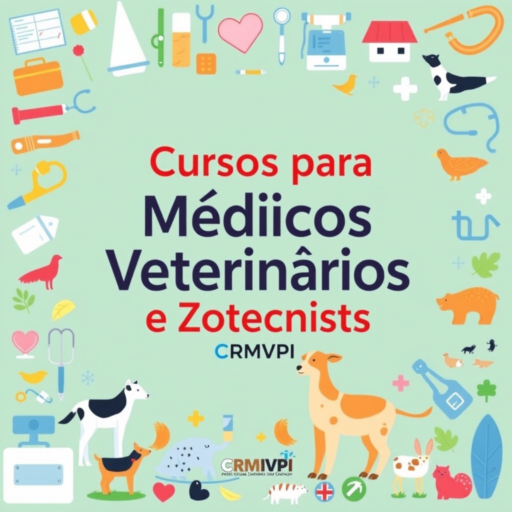 A creative book cover design focusing on the title 'Cursos para Médicos Veterinários e Zootecnistas', featuring vibrant illustrations that represent veterinary and animal sciences