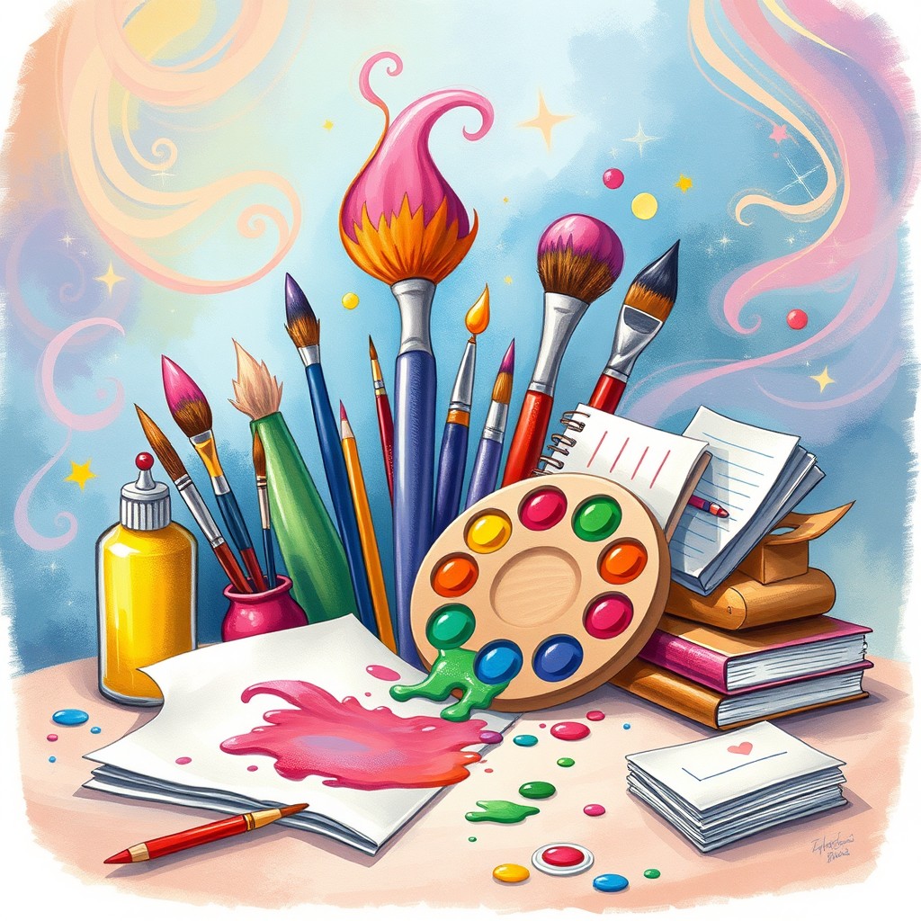 A whimsical and colorful illustration of various art supplies arranged playfully, including vibrant paint tubes, brushes of different sizes, a palette splashed with paint, and sketchbooks, all surrounded by a dreamlike environment with swirls of colors and magical sparkles