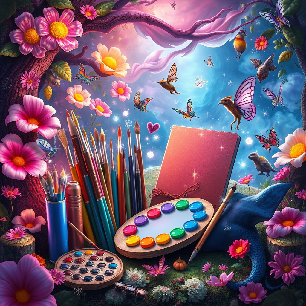 A whimsical fantasy scene showcasing an array of artistic supplies, including vibrant paint tubes, sparkling brushes, a colorful palette, and magical sketchbooks that seem to levitate