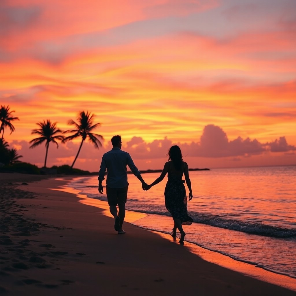 A vibrant sunset over a tranquil beach, where the sky is painted with shades of orange, pink, and purple