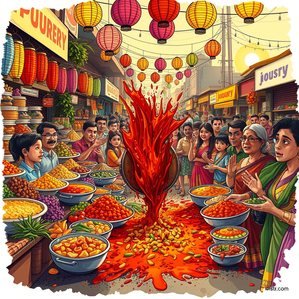 A vibrant and chaotic scene depicting the 'Spilt Curry Incident,' illustrating a colorful array of curry dishes splattered across a bustling street market