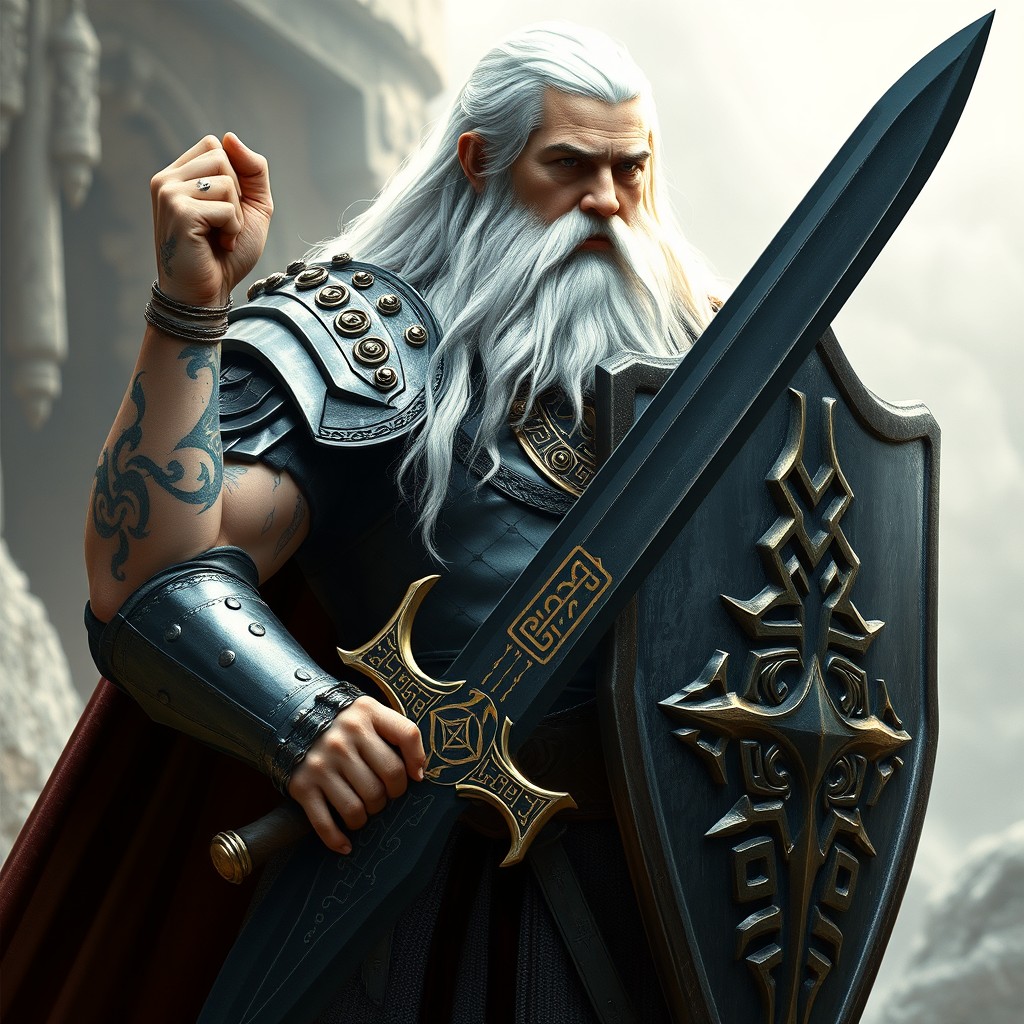 A large, bearded human with long, flowing white hair stands majestically