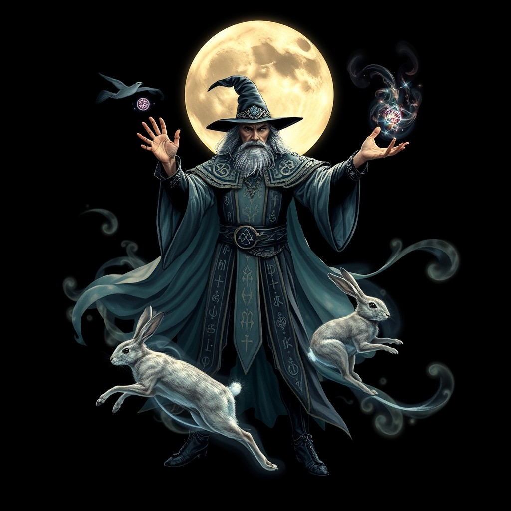 A mystical sorcerer standing in a dynamic pose, casting spells with glowing runes emanating from his hands, surrounded by swirling magical energy