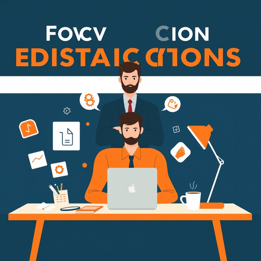 A flat design ebook cover featuring a minimalist yet expressive scene: a person sitting at a desk surrounded by distractions like icons, a smartphone, and a coffee cup