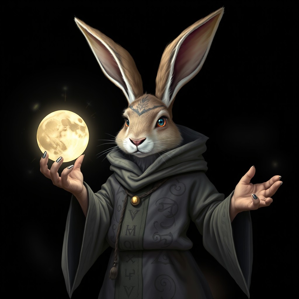 A humanoid hare sorcerer with tall ears and mystical robes, holding a glowing moon token in one hand
