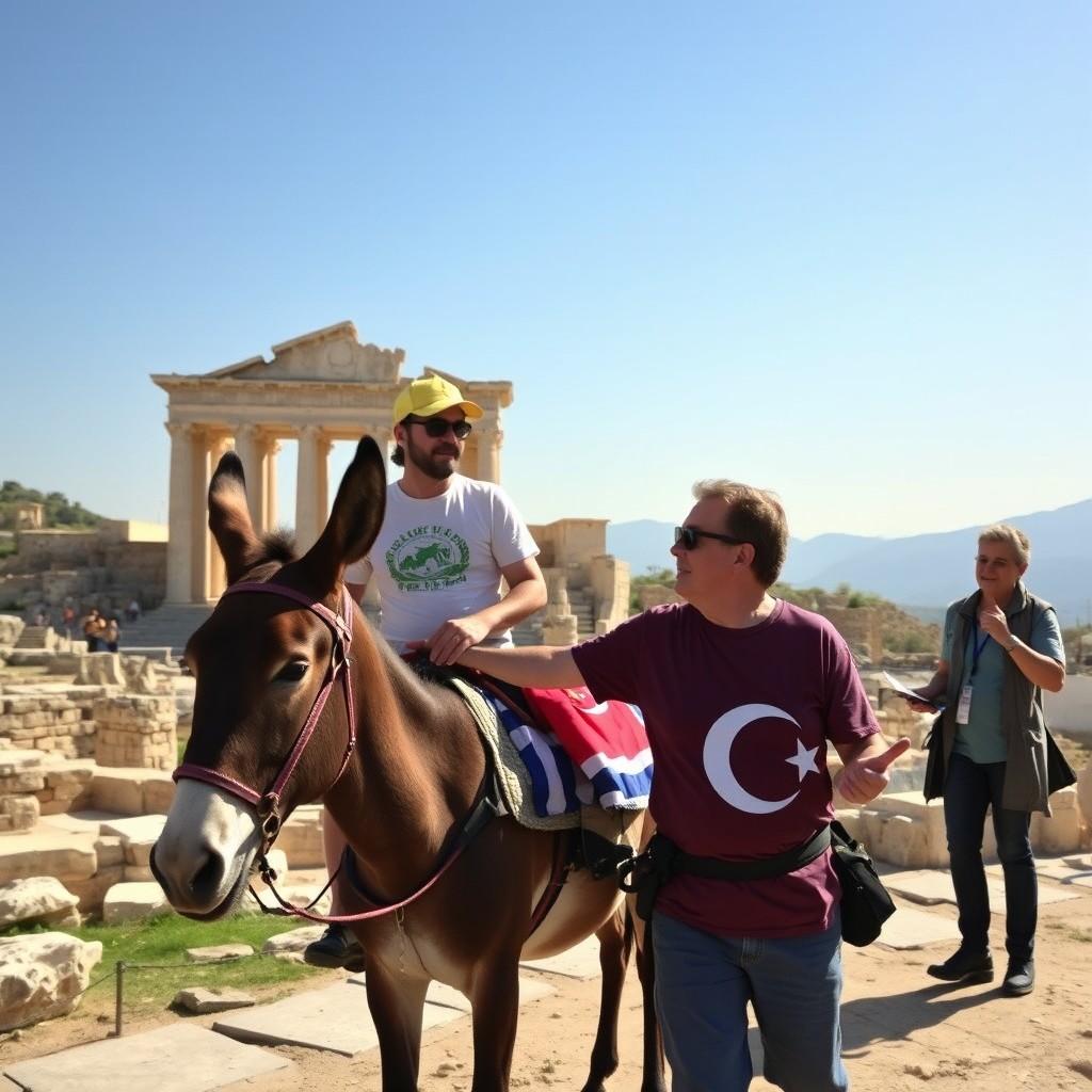 A scenic depiction of a tourist in the ancient city of Ephesus riding a donkey that has a Greek flag on its saddle